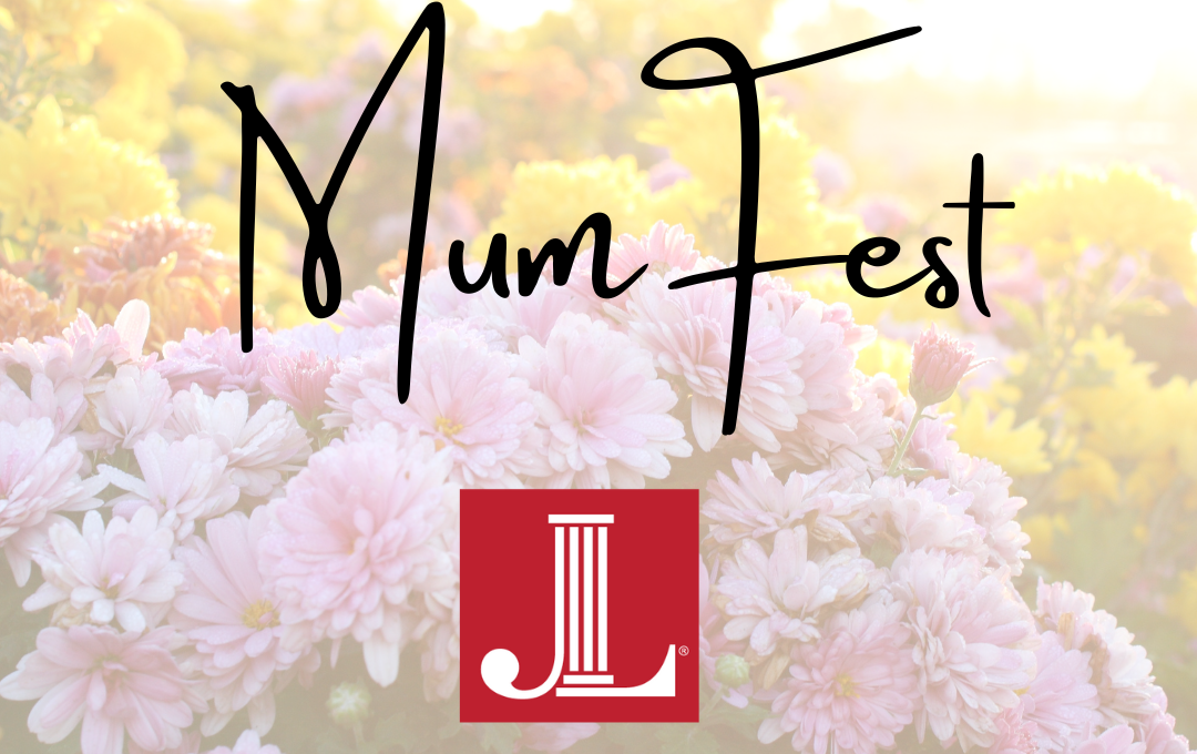 Floral background with the JLGNB logo and lettering saying, "MumFest."